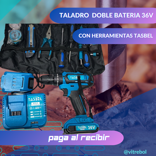 Taladro Azul Doble Bateria 36V Con Herramientas Tasbel