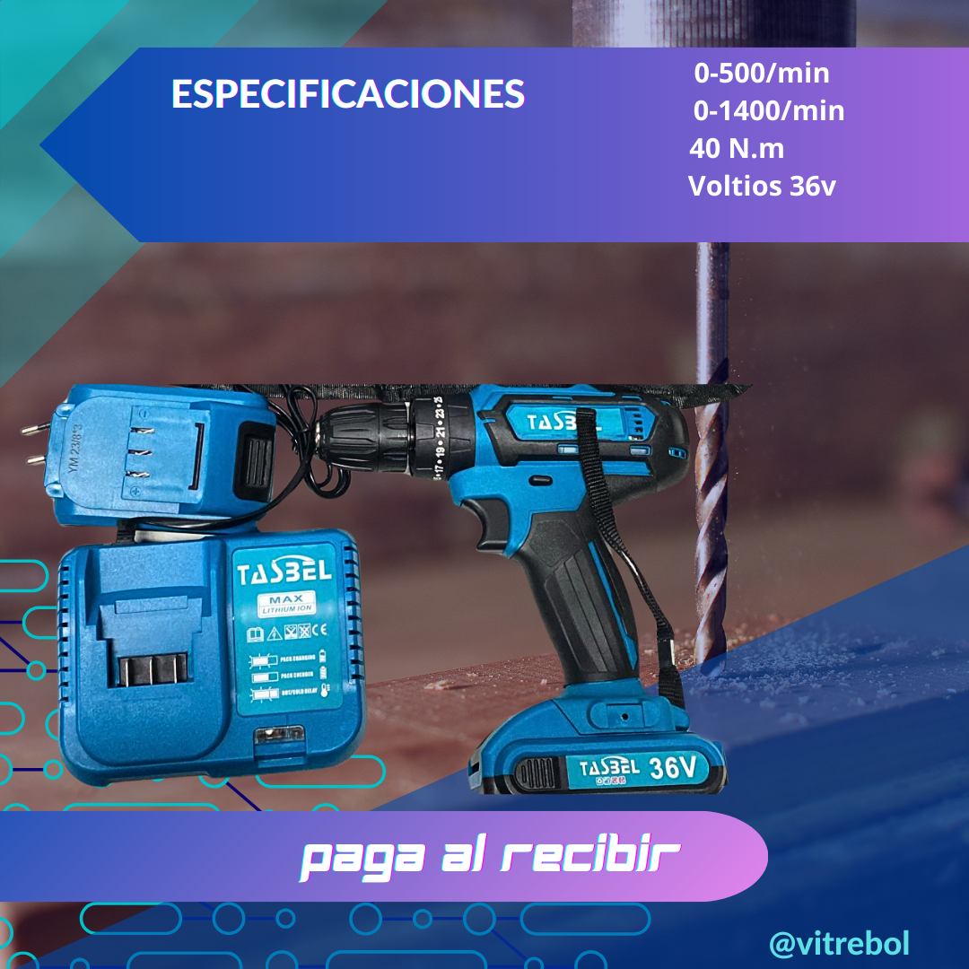 Taladro Azul Doble Bateria 36V Con Herramientas Tasbel