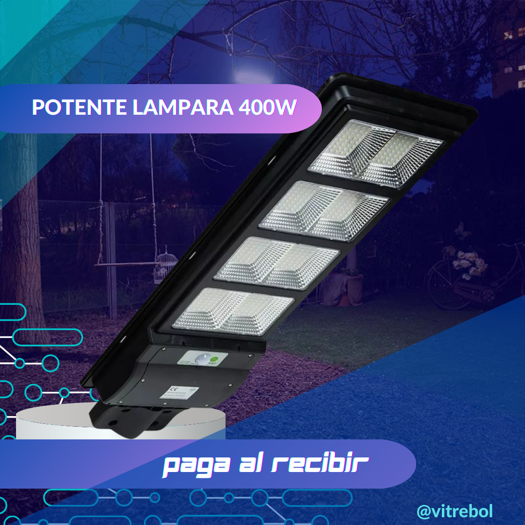 Lámpara con panel solar grande 400 watts - Potente y duradera.