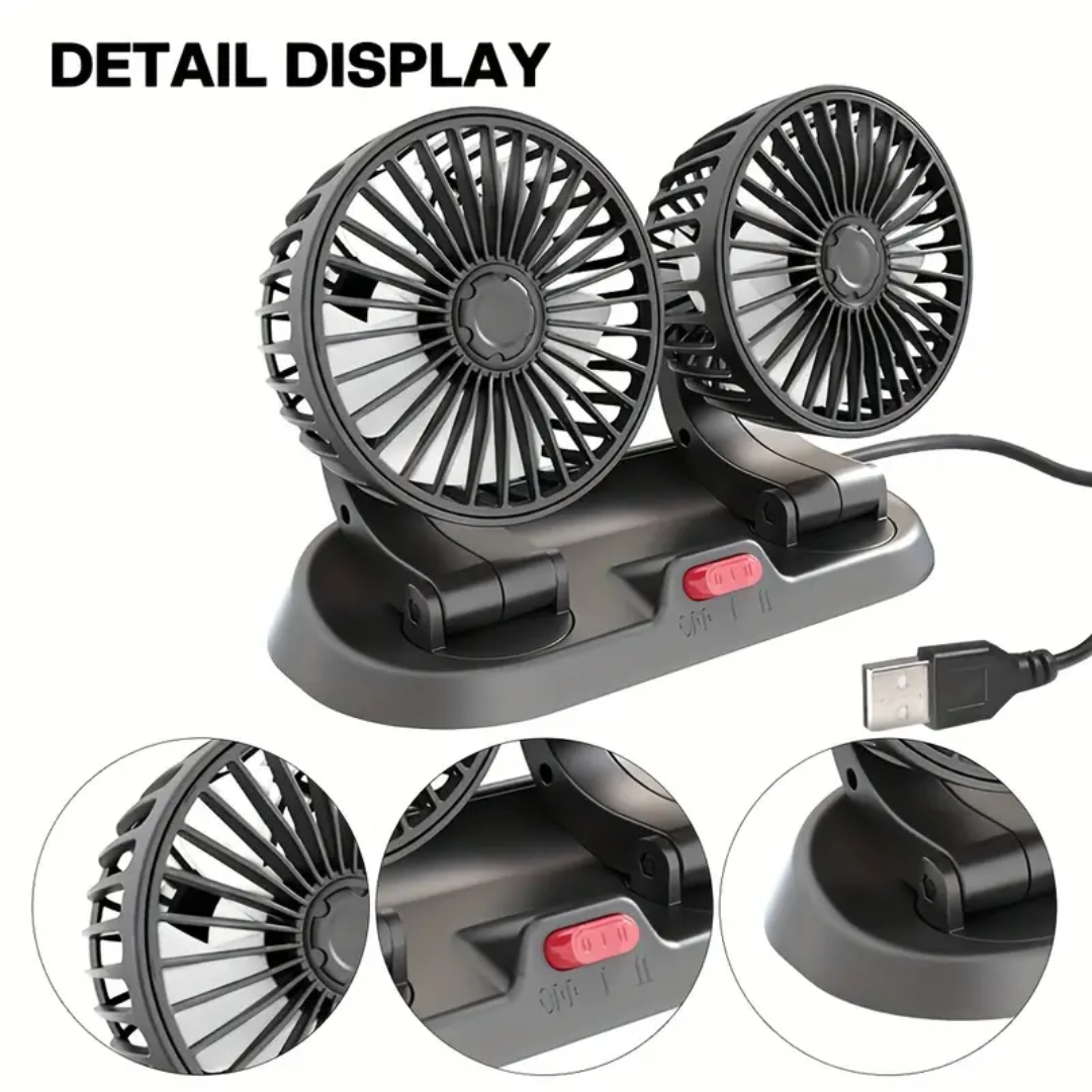 Ventilador de Coche USB Doble Cabezal Giratorio y Plegable 🚗