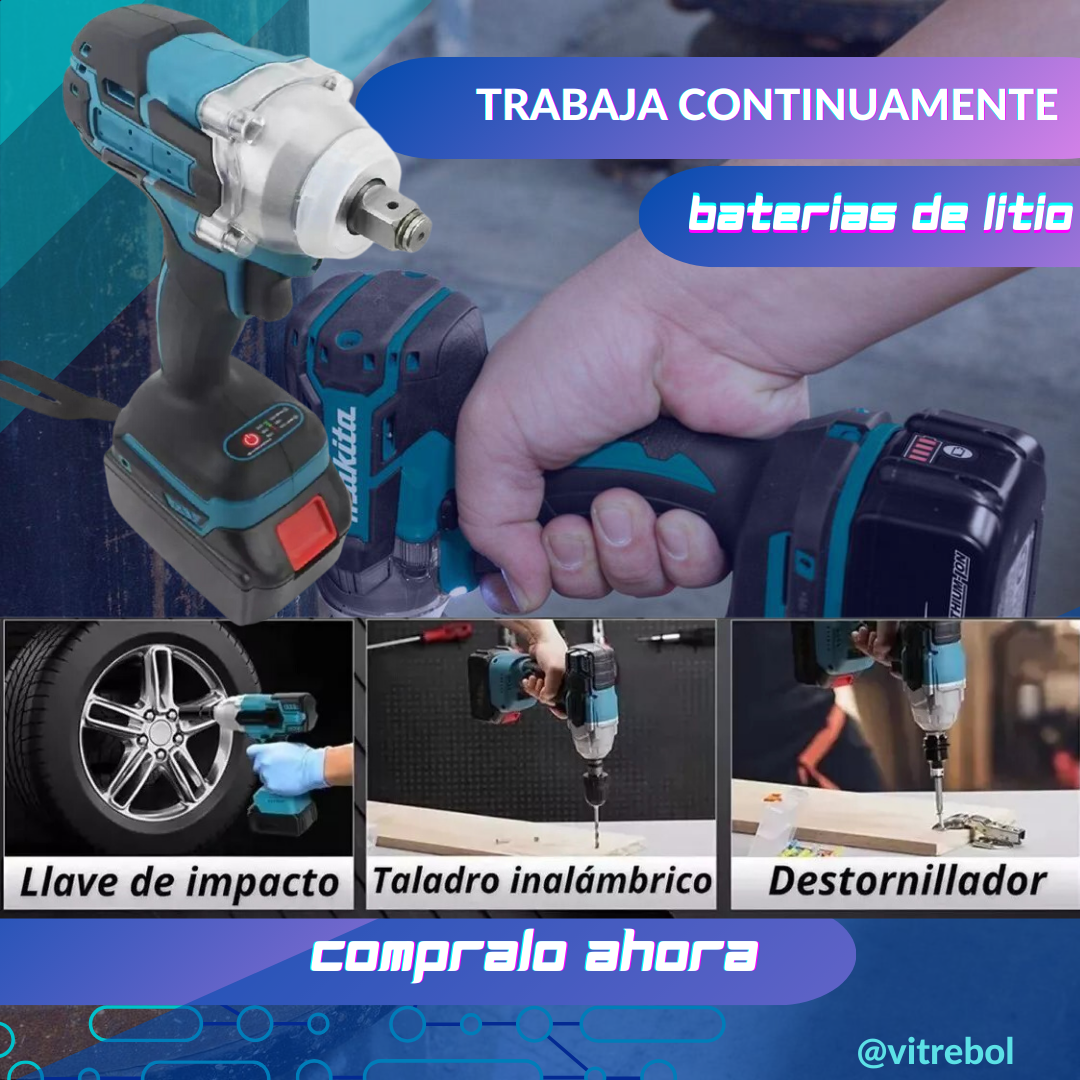 Llave Taladro de Impacto Inalambrico doble batería de 48v + Accesorios