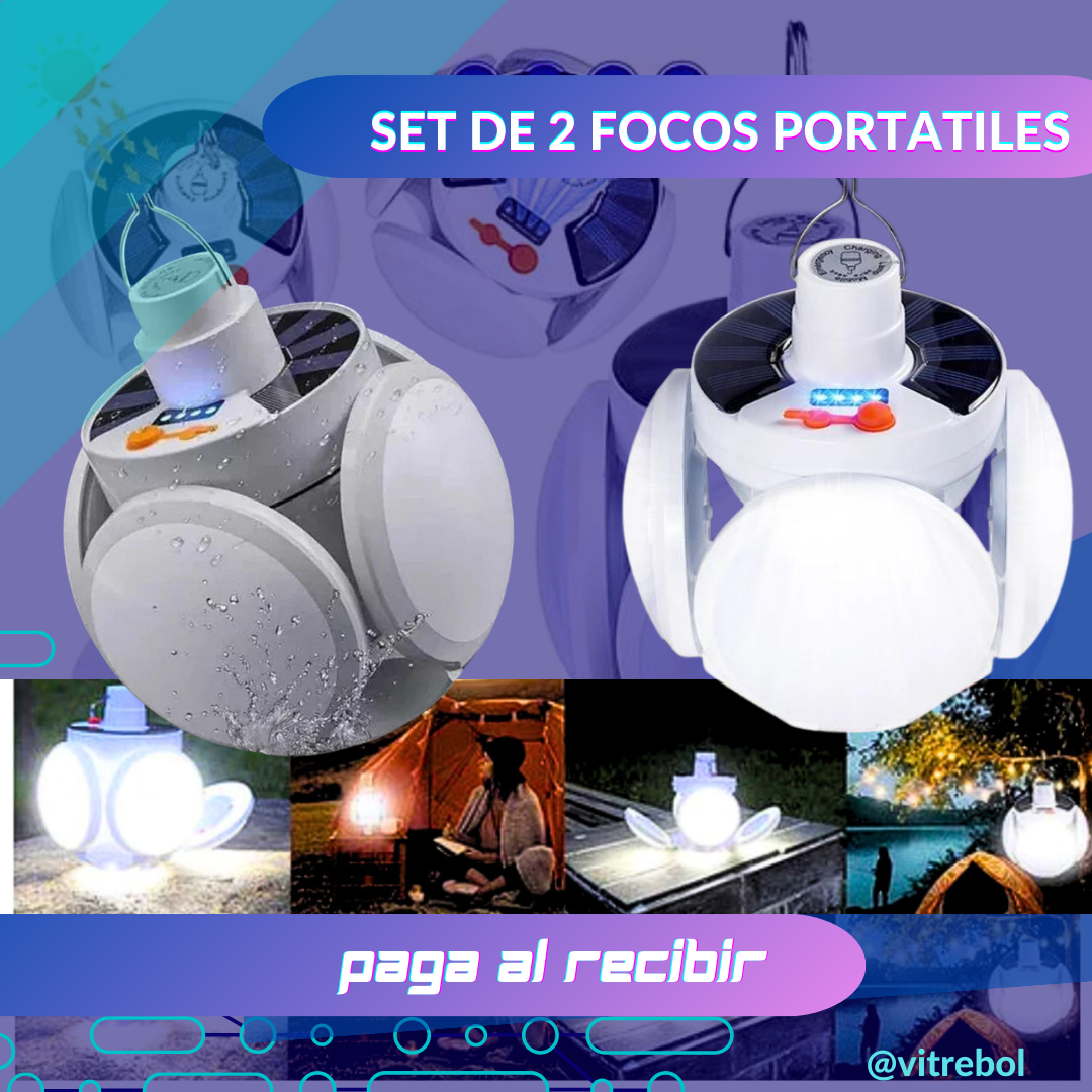 Set de 2 Focos portátiles plegables, luces de emergencia o camping - Carga con el sol y con USB.