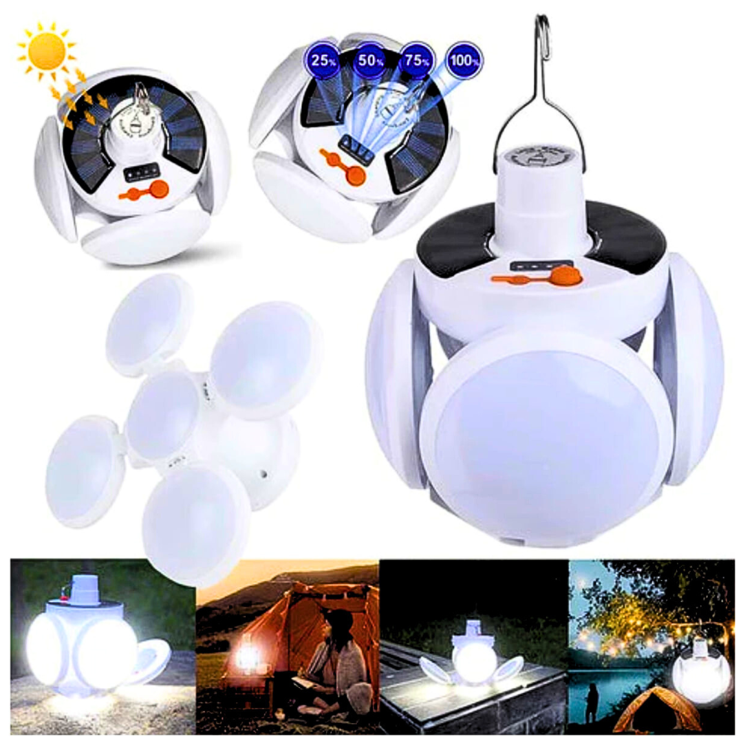 Set de 2 Focos portátiles plegables, luces de emergencia o camping - Carga con el sol y con USB.