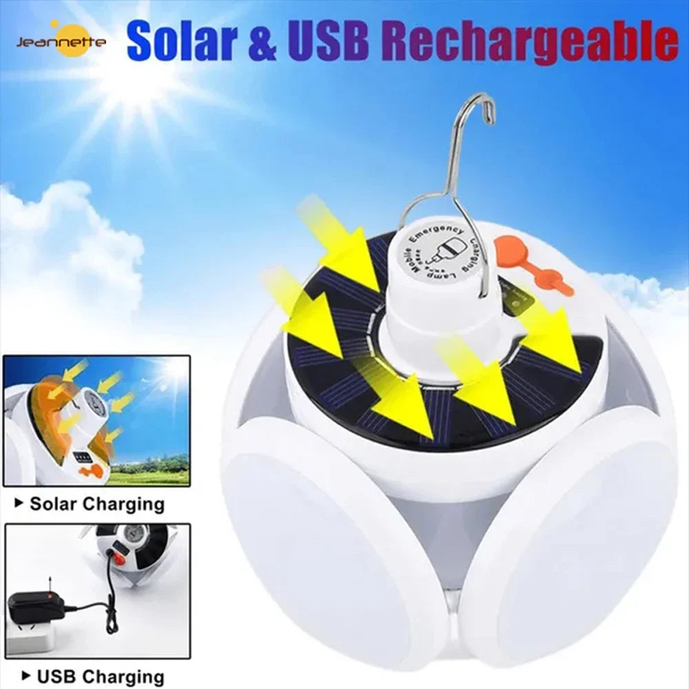 Set de 2 Focos portátiles plegables, luces de emergencia o camping - Carga con el sol y con USB.