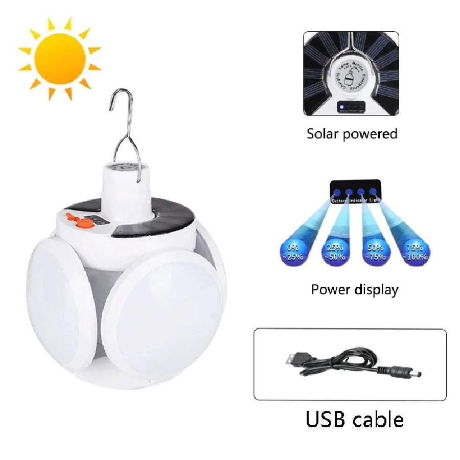 Set de 2 Focos portátiles plegables, luces de emergencia o camping - Carga con el sol y con USB.